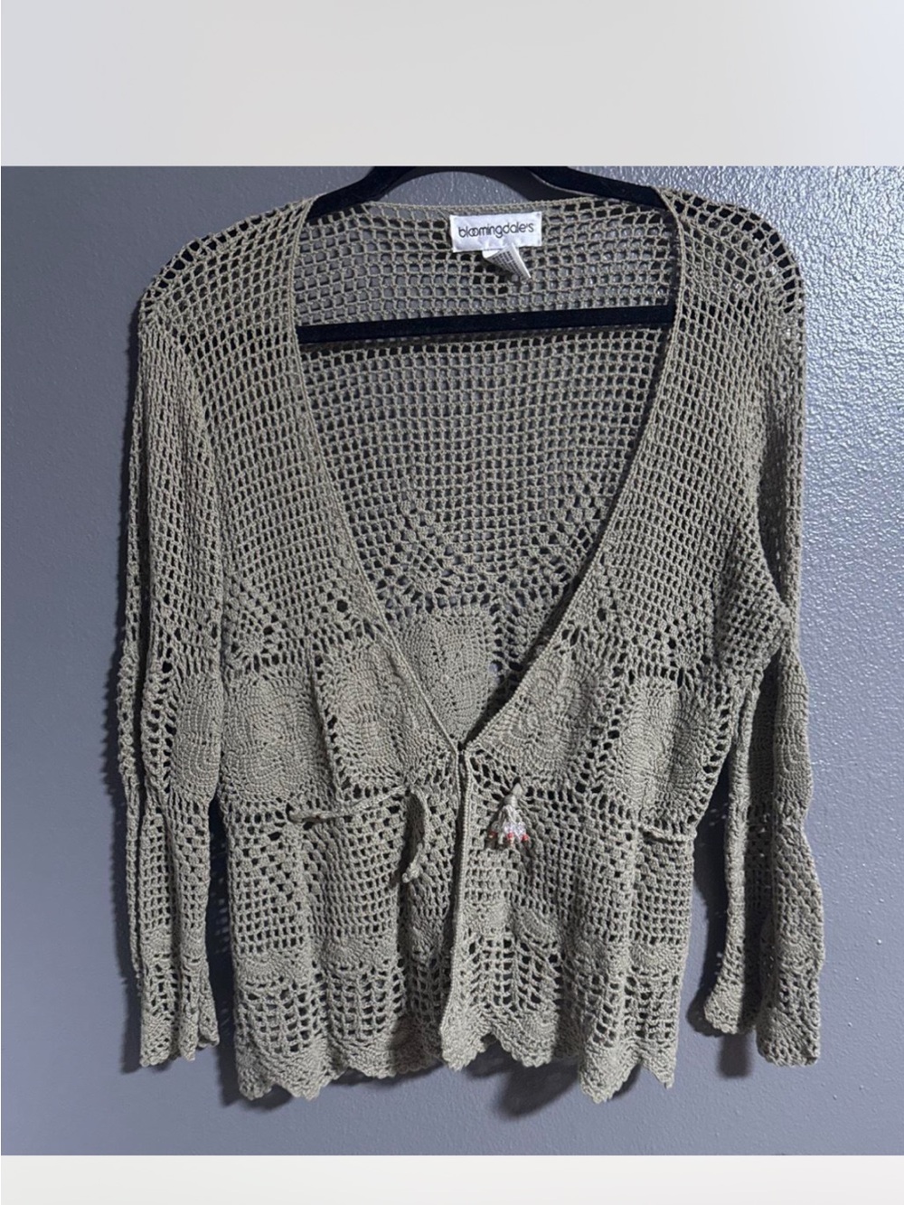 Bloomingdale's Olive Open Crochet Tie-Front Cardigan